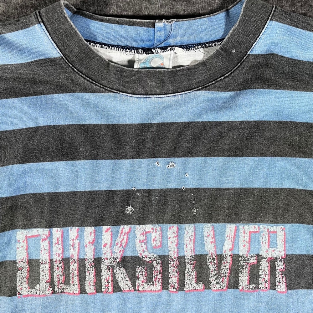 Vintage 80s Quiksilver Surf Striped Tshirt Made in USA Blue Faded Size Large - Picture 3 of 7